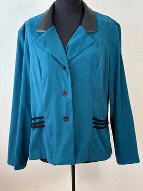 Spago Faux Suede Teal Blazer Jacket Women's Size 16 Black Trim Career Office